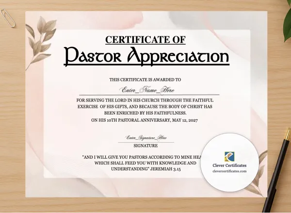 Professional preview of Pastor Anniversary Appreciation Certificate certificate on high-quality stationery paper, ideal for showcasing the final look.