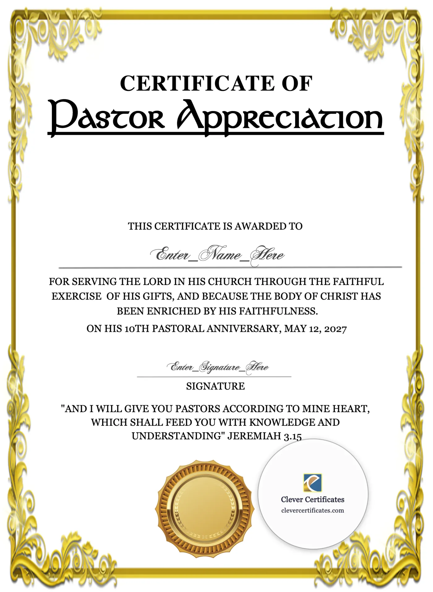 Pastor Anniversary Appreciation Certificate Portrait — Certificate Template Preview