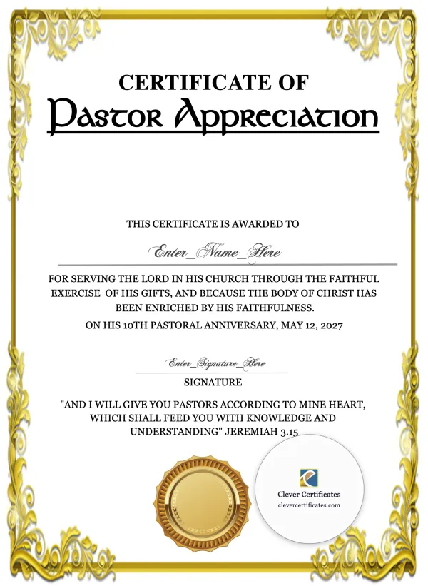 Pastor Anniversary Appreciation Certificate Portrait — Certificate Template Preview