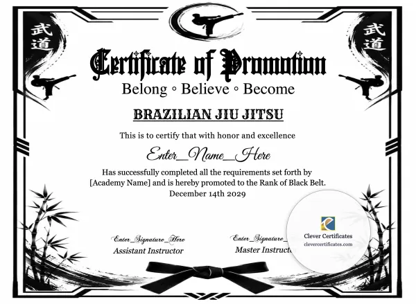 Free Brazilian Jiu Jitsu Belt Promotion Certificate
