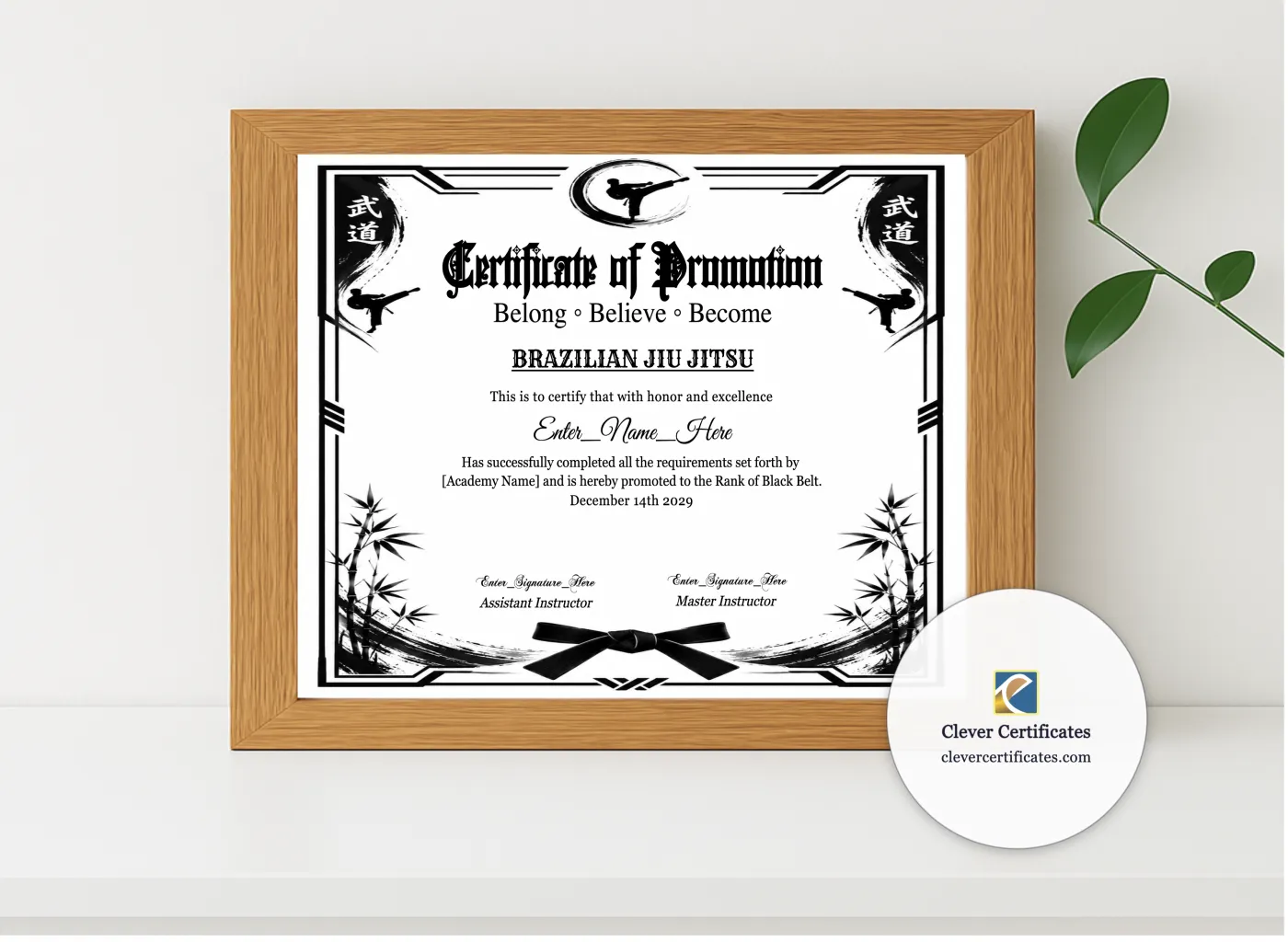 Realistic mockup featuring Brazilian Jiu Jitsu Belt Promotion Certificate displayed within a modern frame, set against a minimalistic background.