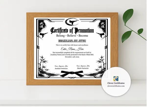 Realistic mockup featuring Brazilian Jiu Jitsu Belt Promotion Certificate displayed within a modern frame, set against a minimalistic background.
