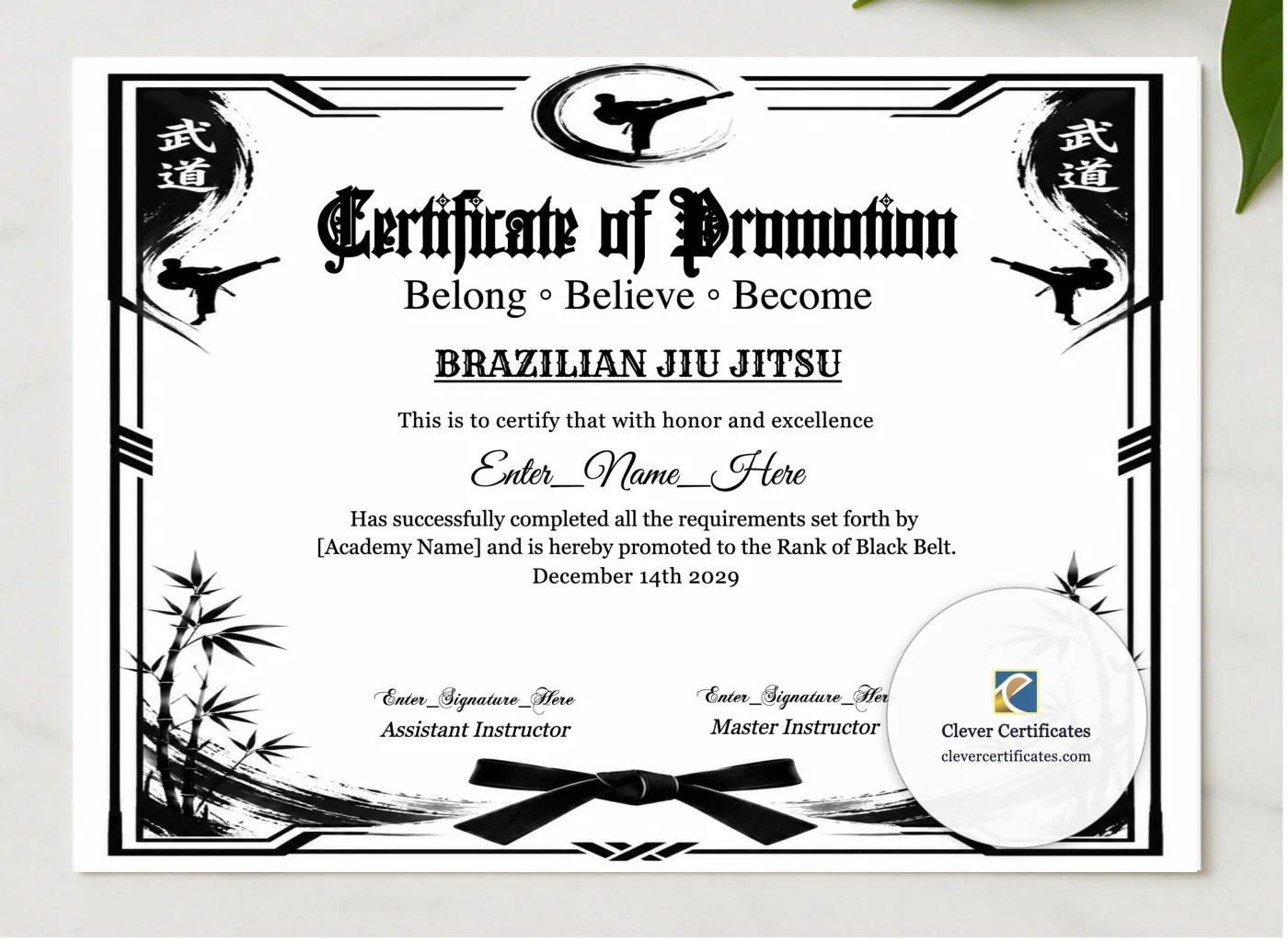 Brazilian Jiu Jitsu Belt Promotion Certificate presented in a sleek wooden frame, elegantly arranged on a stylish table.