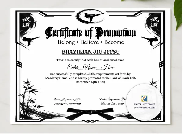 Brazilian Jiu Jitsu Belt Promotion Certificate presented in a sleek wooden frame, elegantly arranged on a stylish table.