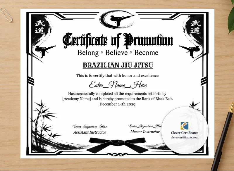Professional preview of Brazilian Jiu Jitsu Belt Promotion Certificate certificate on high-quality stationery paper, ideal for showcasing the final look.
