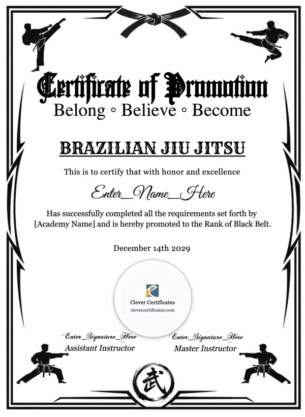 Free Brazilian Jiu Jitsu Belt Promotion Certificate — Portrait