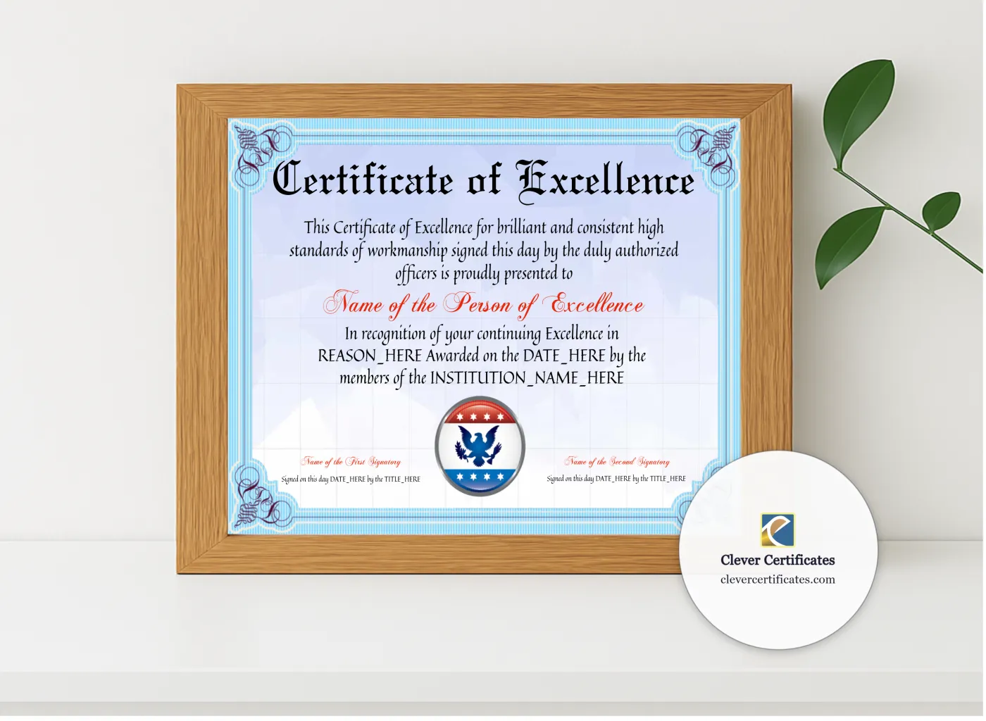 Realistic mockup featuring Certificate Of Excellence displayed within a modern frame, set against a minimalistic background.