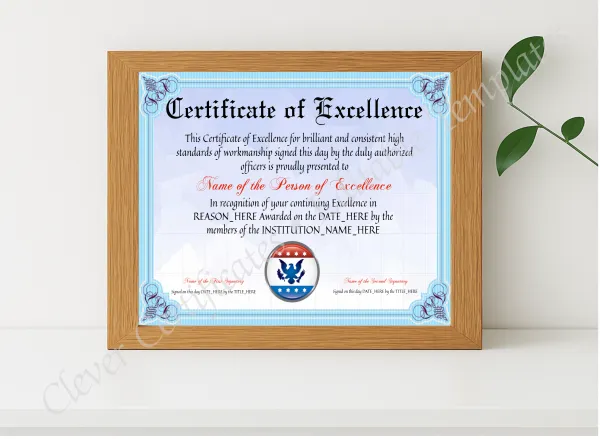 Realistic mockup featuring Certificate Of Excellence displayed within a modern frame, set against a minimalistic background.