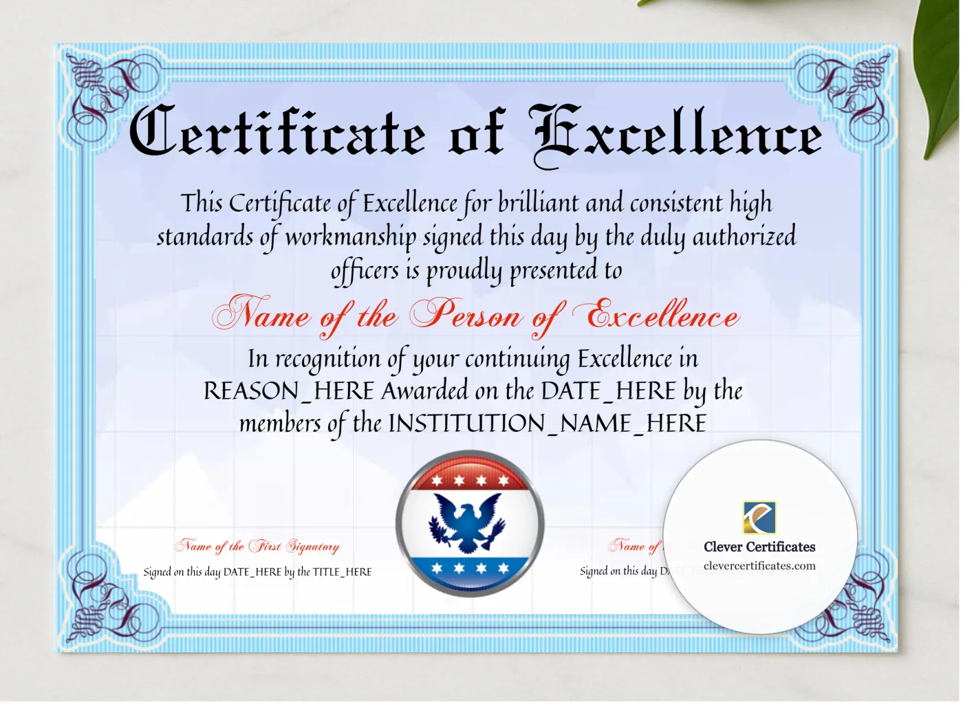 Certificate Of Excellence presented in a sleek wooden frame, elegantly arranged on a stylish table.