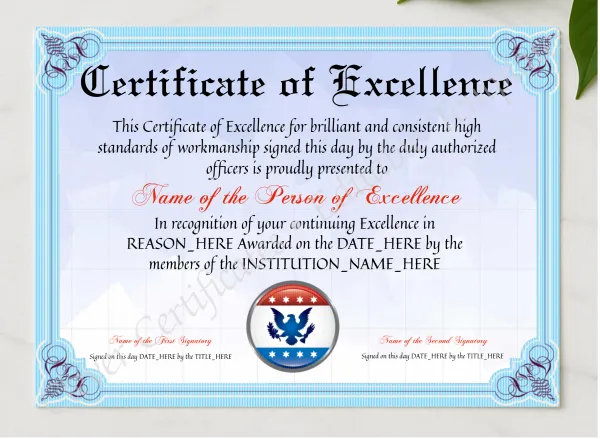 Certificate Of Excellence presented in a sleek wooden frame, elegantly arranged on a stylish table.