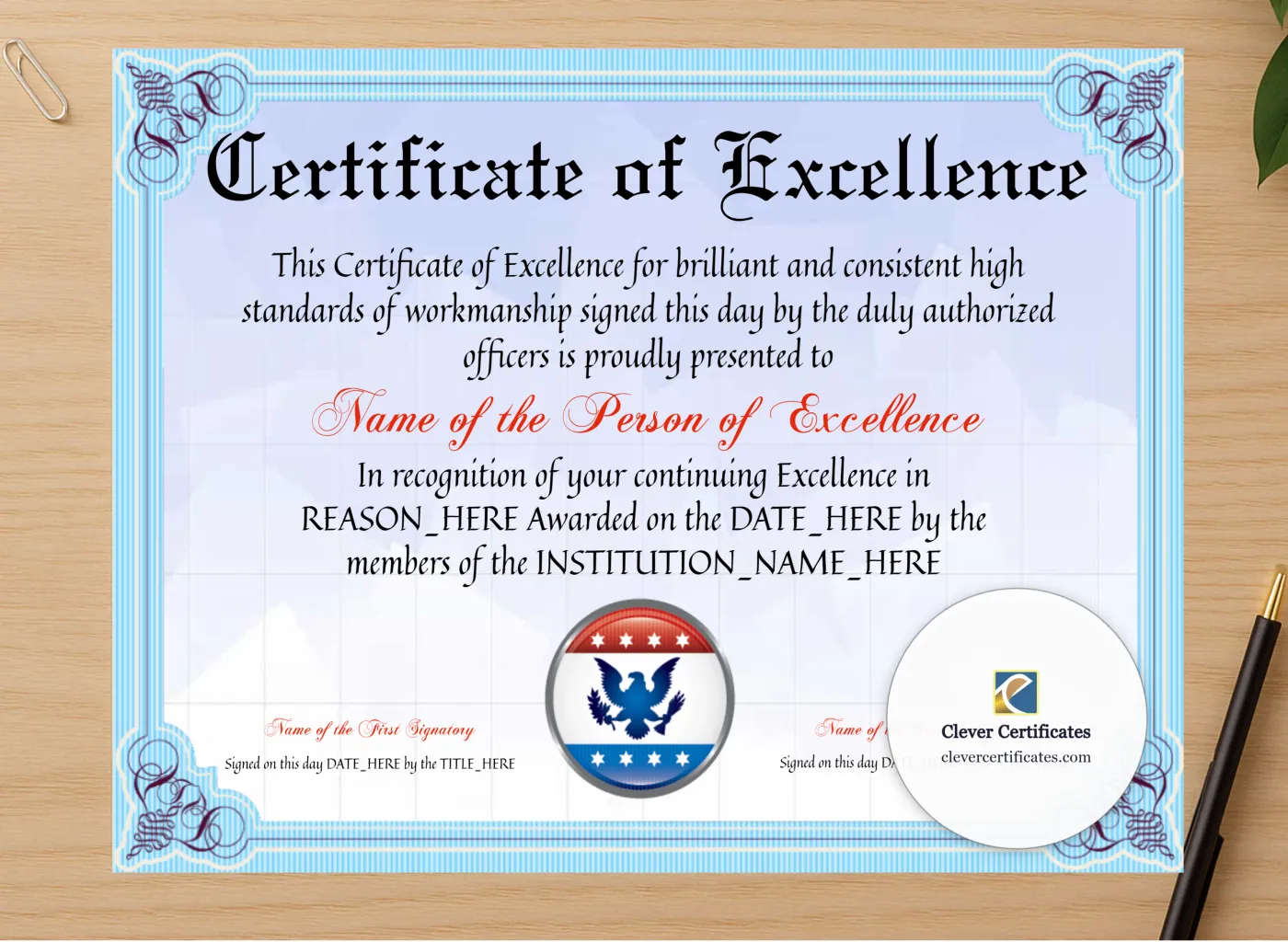 Professional preview of Certificate Of Excellence certificate on high-quality stationery paper, ideal for showcasing the final look.
