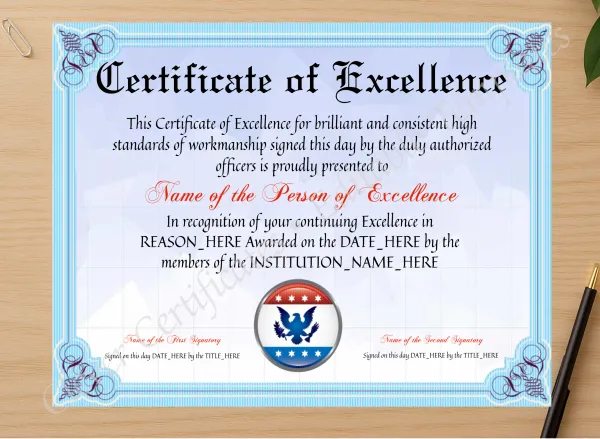 Professional preview of Certificate Of Excellence certificate on high-quality stationery paper, ideal for showcasing the final look.