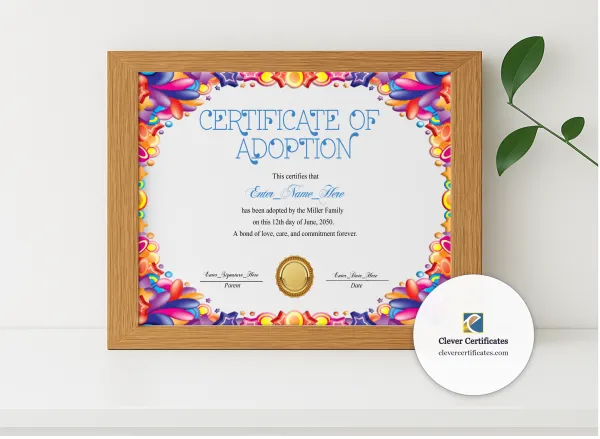 Realistic mockup featuring Adoption Day Certificate displayed within a modern frame, set against a minimalistic background.