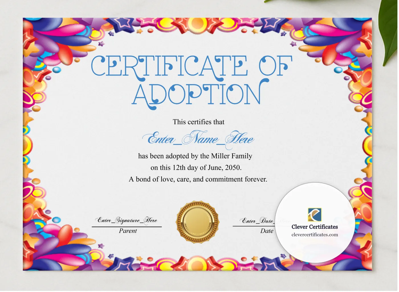 Adoption Day Certificate presented in a sleek wooden frame, elegantly arranged on a stylish table.