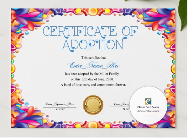 Adoption Day Certificate presented in a sleek wooden frame, elegantly arranged on a stylish table.