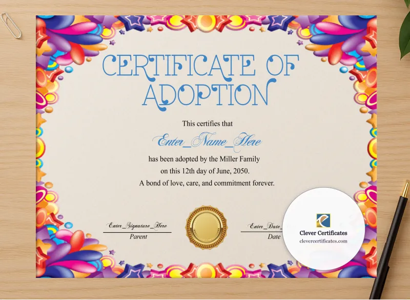 Professional preview of Adoption Day Certificate certificate on high-quality stationery paper, ideal for showcasing the final look.