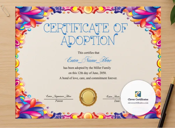 Professional preview of Adoption Day Certificate certificate on high-quality stationery paper, ideal for showcasing the final look.