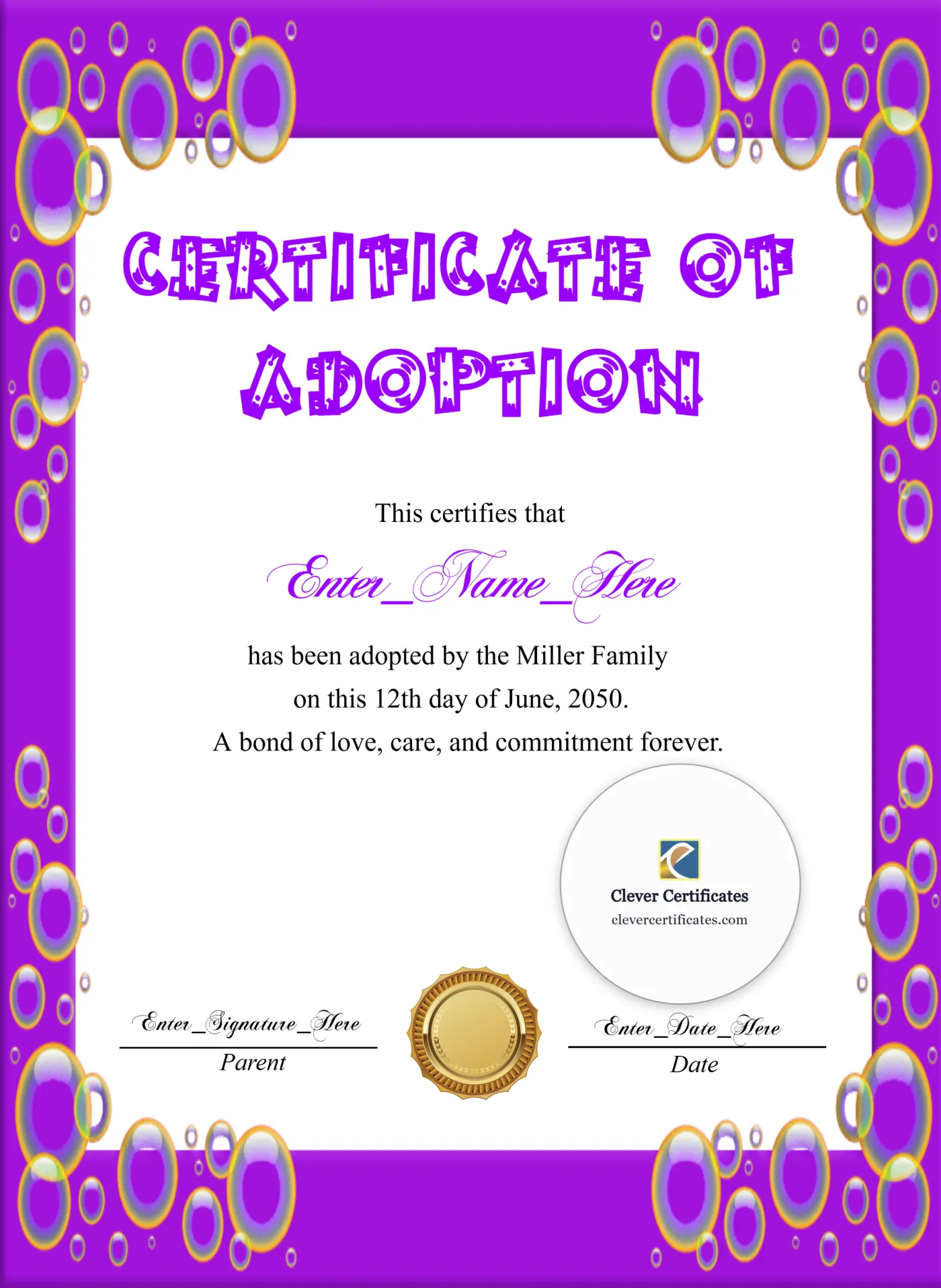 Adoption Day Certificate Portrait — Certificate Template Preview