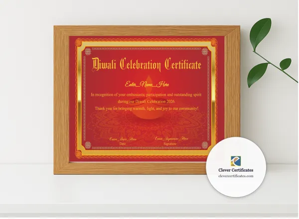 Realistic mockup featuring Diwali Celebration Certificate displayed within a modern frame, set against a minimalistic background.