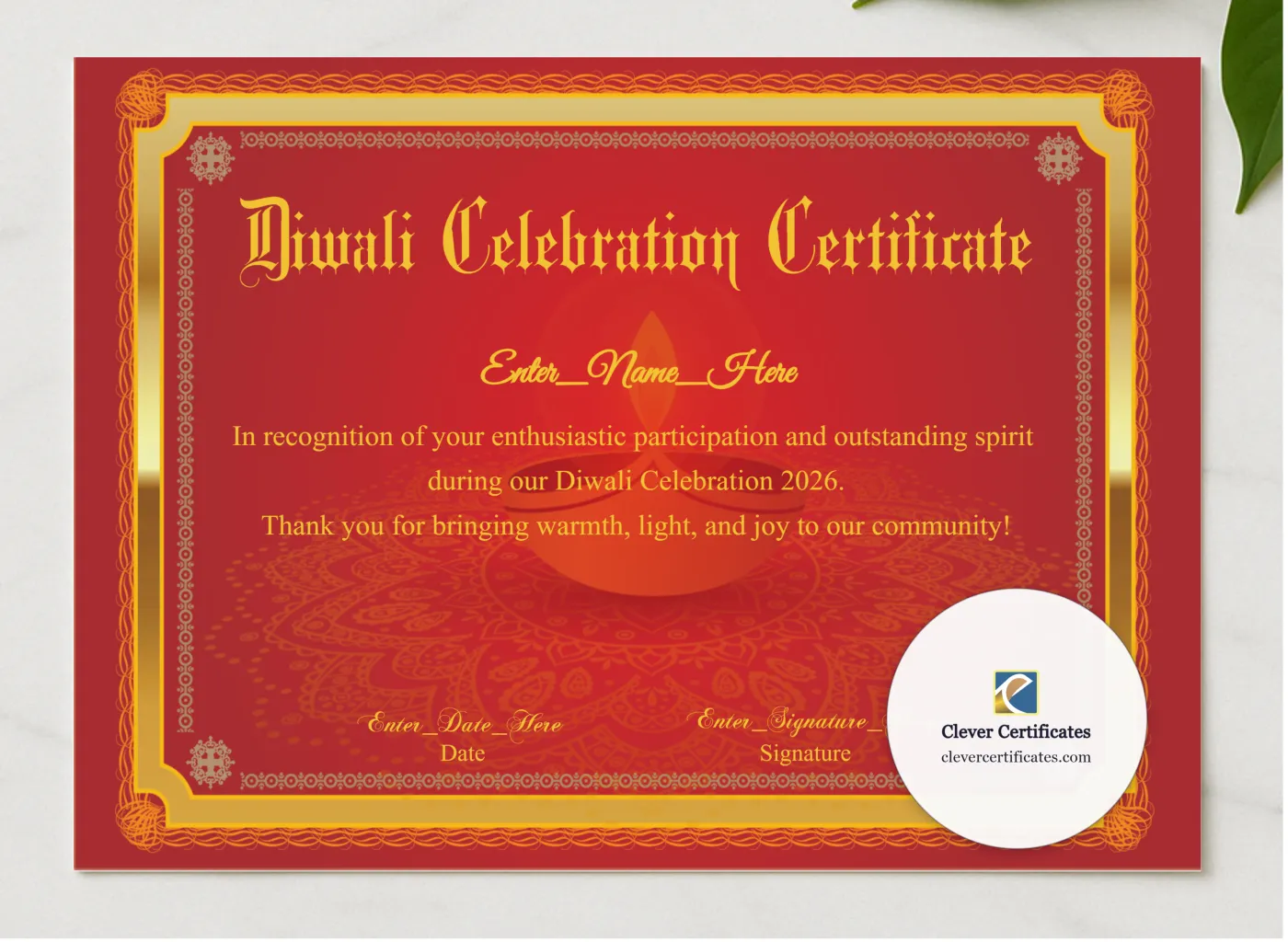 Diwali Celebration Certificate presented in a sleek wooden frame, elegantly arranged on a stylish table.