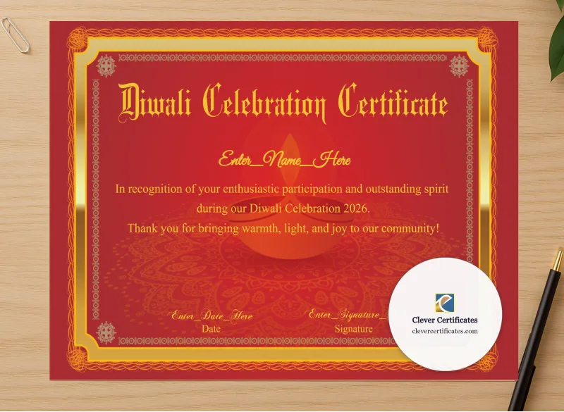 Professional preview of Diwali Celebration Certificate certificate on high-quality stationery paper, ideal for showcasing the final look.