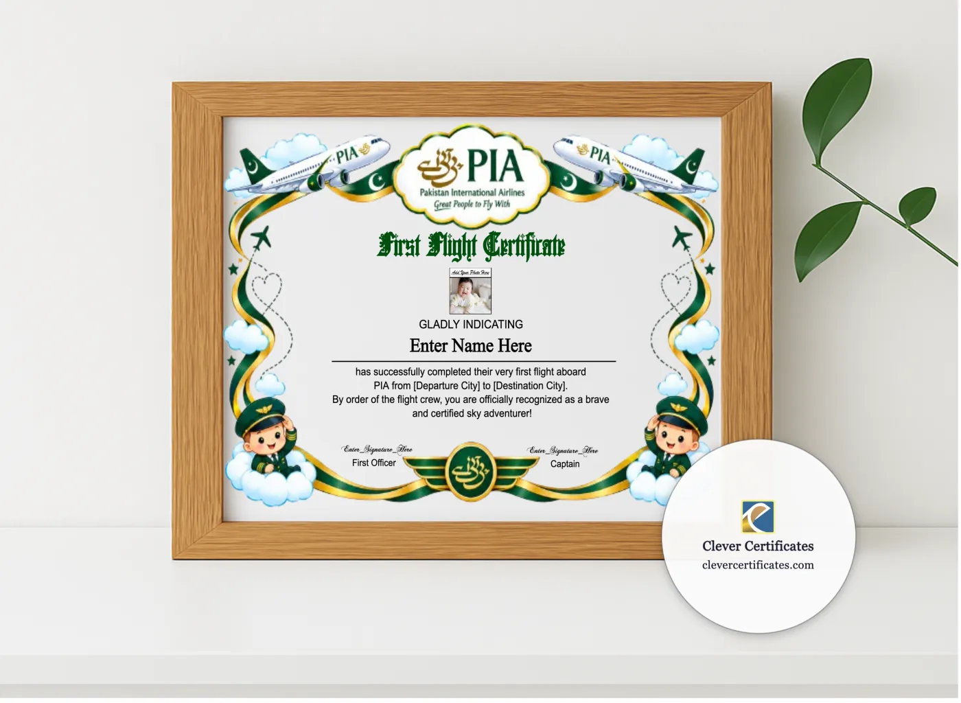 Realistic mockup featuring PIA Baby First Flight Certificate Landscape displayed within a modern frame, set against a minimalistic background.
