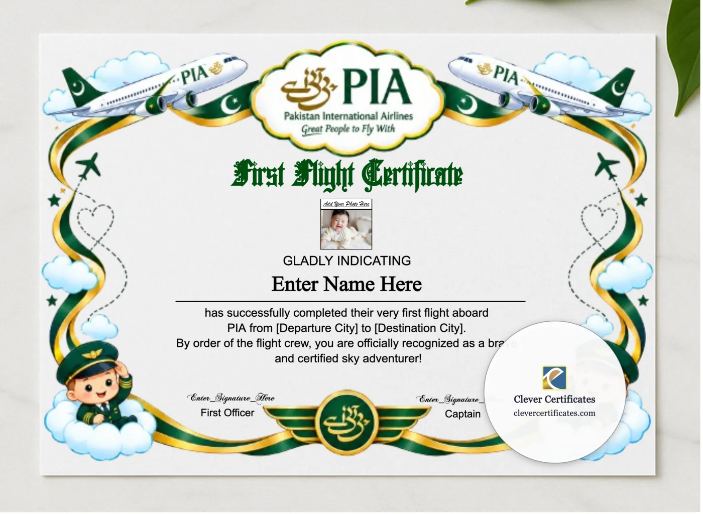 PIA Baby First Flight Certificate Landscape presented in a sleek wooden frame, elegantly arranged on a stylish table.