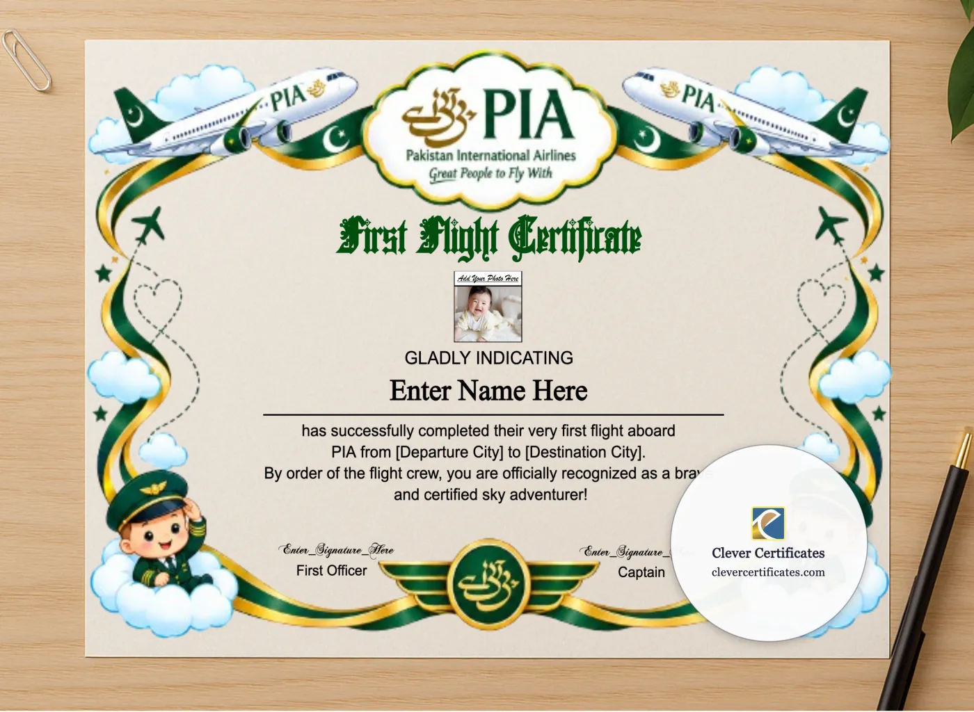 Professional preview of PIA Baby First Flight Certificate Landscape certificate on high-quality stationery paper, ideal for showcasing the final look.