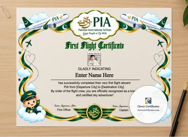 Professional preview of PIA Baby First Flight Certificate Landscape certificate on high-quality stationery paper, ideal for showcasing the final look.
