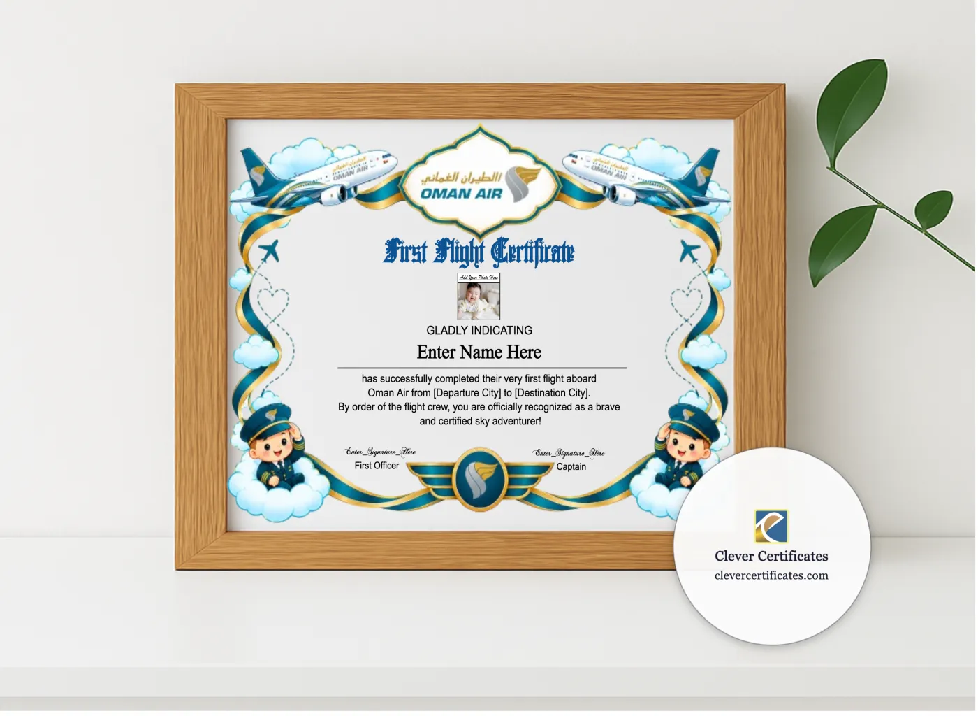Realistic mockup featuring Oman Air Baby First Flight Certificate Landscape displayed within a modern frame, set against a minimalistic background.