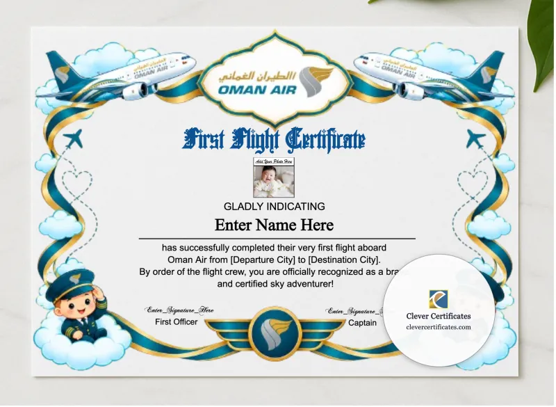 Oman Air Baby First Flight Certificate Landscape presented in a sleek wooden frame, elegantly arranged on a stylish table.
