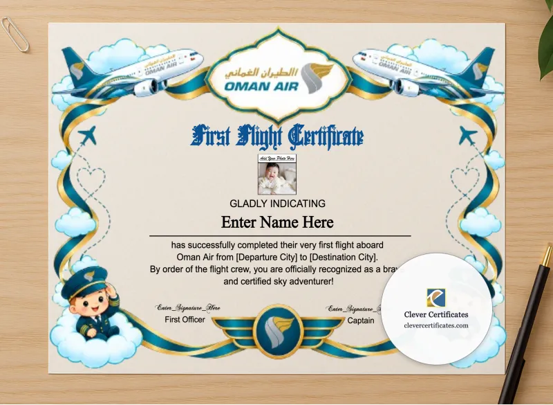 Professional preview of Oman Air Baby First Flight Certificate Landscape certificate on high-quality stationery paper, ideal for showcasing the final look.