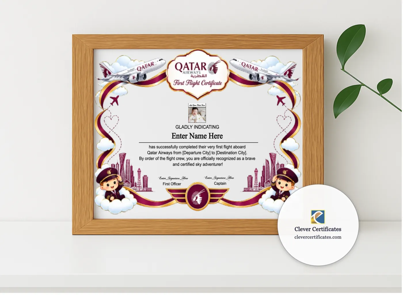 Realistic mockup featuring Qatar Airways First Flight Certificate With Photo displayed within a modern frame, set against a minimalistic background.
