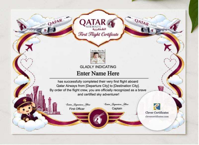 Qatar Airways First Flight Certificate With Photo presented in a sleek wooden frame, elegantly arranged on a stylish table.