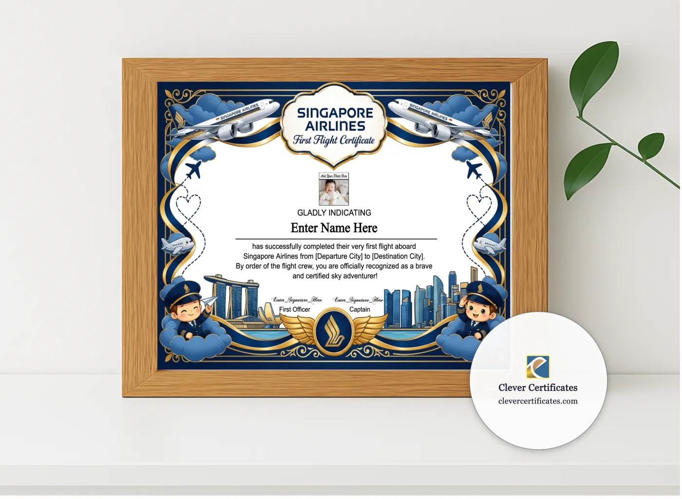 Realistic mockup featuring Singapore Airlines First Flight Certificate With Photo displayed within a modern frame, set against a minimalistic background.