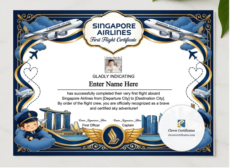 Singapore Airlines First Flight Certificate With Photo presented in a sleek wooden frame, elegantly arranged on a stylish table.