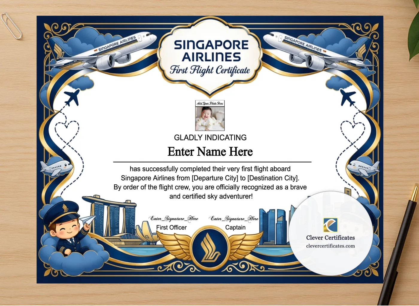 Professional preview of Singapore Airlines First Flight Certificate With Photo certificate on high-quality stationery paper, ideal for showcasing the final look.