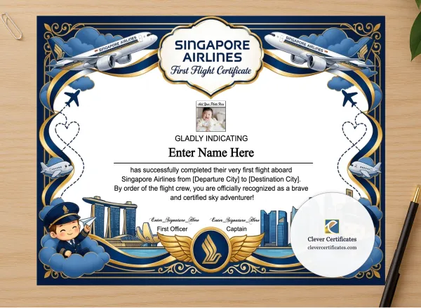 Professional preview of Singapore Airlines First Flight Certificate With Photo certificate on high-quality stationery paper, ideal for showcasing the final look.