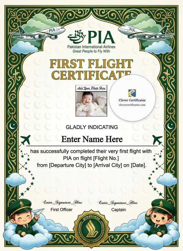 Free PIA Baby First Flight Certificate — Portrait