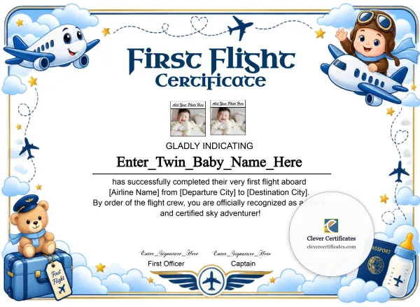 Free Twins Baby First Flight Certificate — Landscape