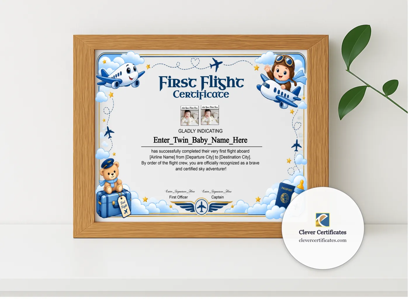 Realistic mockup featuring Twins Baby First Flight Certificate Landscape displayed within a modern frame, set against a minimalistic background.