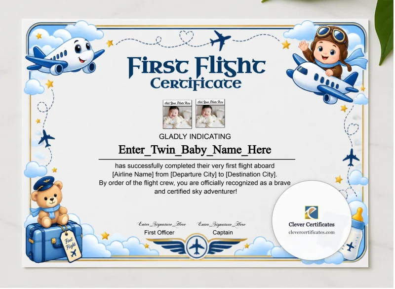 Twins Baby First Flight Certificate Landscape presented in a sleek wooden frame, elegantly arranged on a stylish table.
