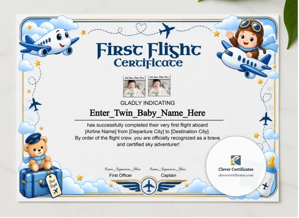 Twins Baby First Flight Certificate Landscape presented in a sleek wooden frame, elegantly arranged on a stylish table.