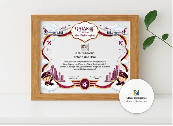 Realistic mockup featuring Qatar Airways Kids First Flight Certificate displayed within a modern frame, set against a minimalistic background.
