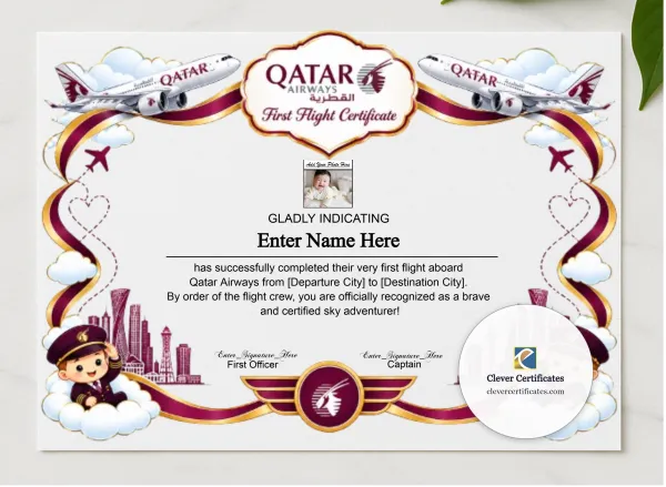 Qatar Airways Kids First Flight Certificate presented in a sleek wooden frame, elegantly arranged on a stylish table.