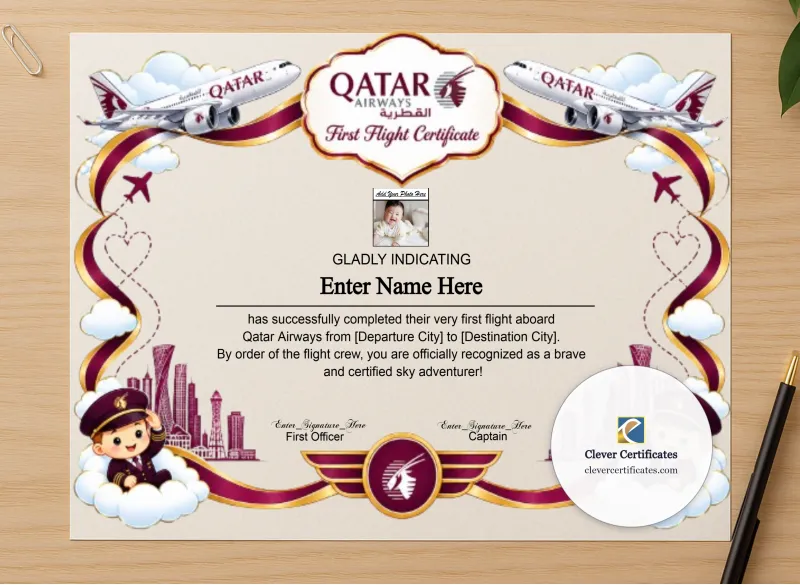 Professional preview of Qatar Airways Kids First Flight Certificate certificate on high-quality stationery paper, ideal for showcasing the final look.