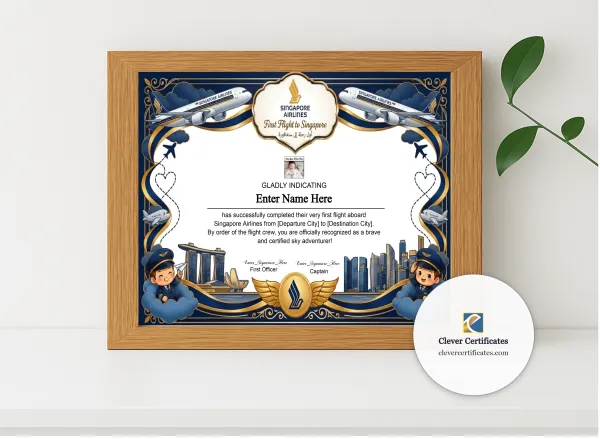 Realistic mockup featuring Singapore Airlines Kids First Flight Certificate displayed within a modern frame, set against a minimalistic background.