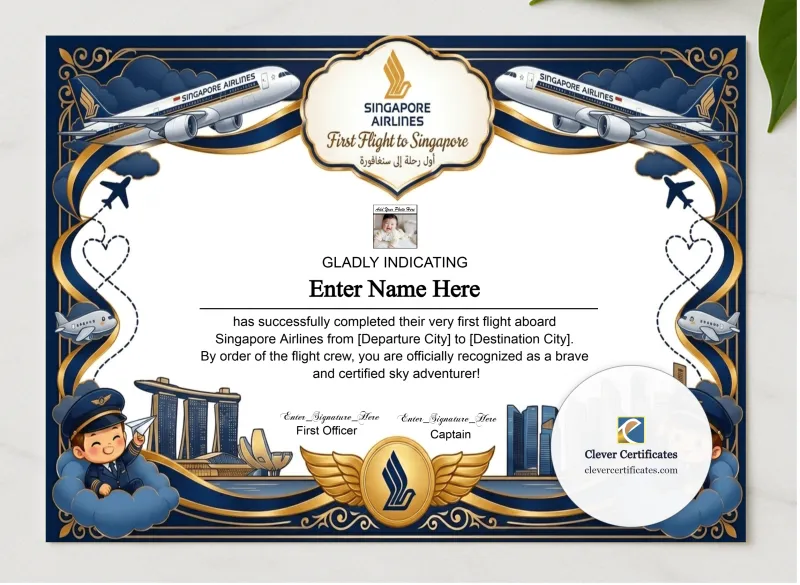 Singapore Airlines Kids First Flight Certificate presented in a sleek wooden frame, elegantly arranged on a stylish table.