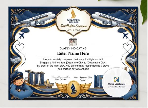 Singapore Airlines Kids First Flight Certificate presented in a sleek wooden frame, elegantly arranged on a stylish table.