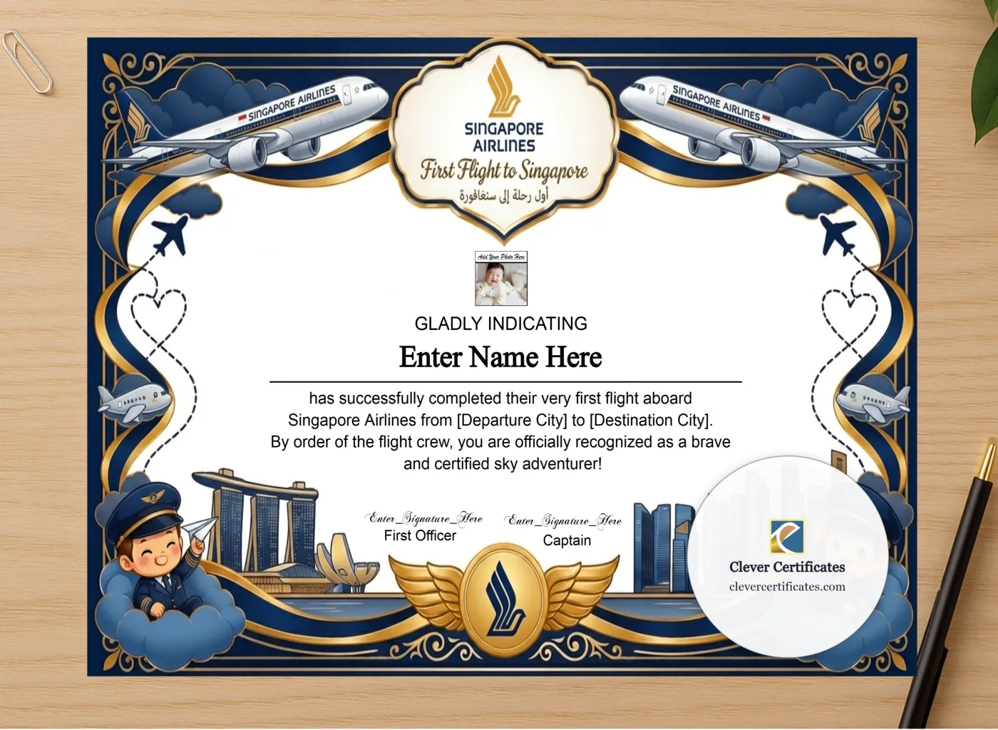 Professional preview of Singapore Airlines Kids First Flight Certificate certificate on high-quality stationery paper, ideal for showcasing the final look.